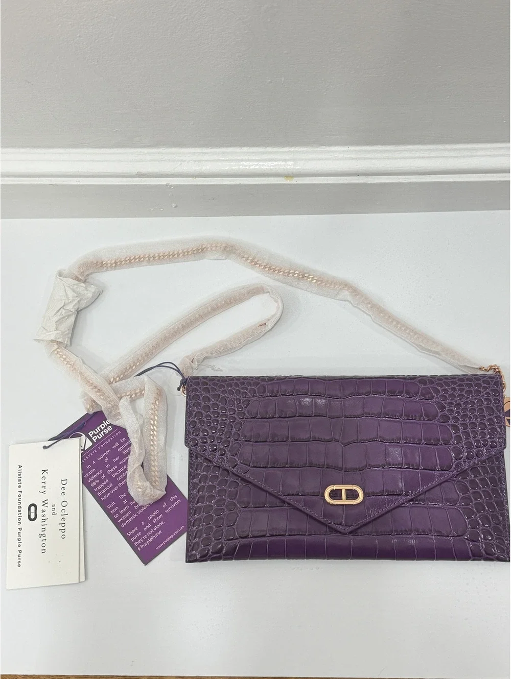 New Kerry Washington Dee Ocleppo Purple Purse Crocodile Embossed Clutch Bag NWT